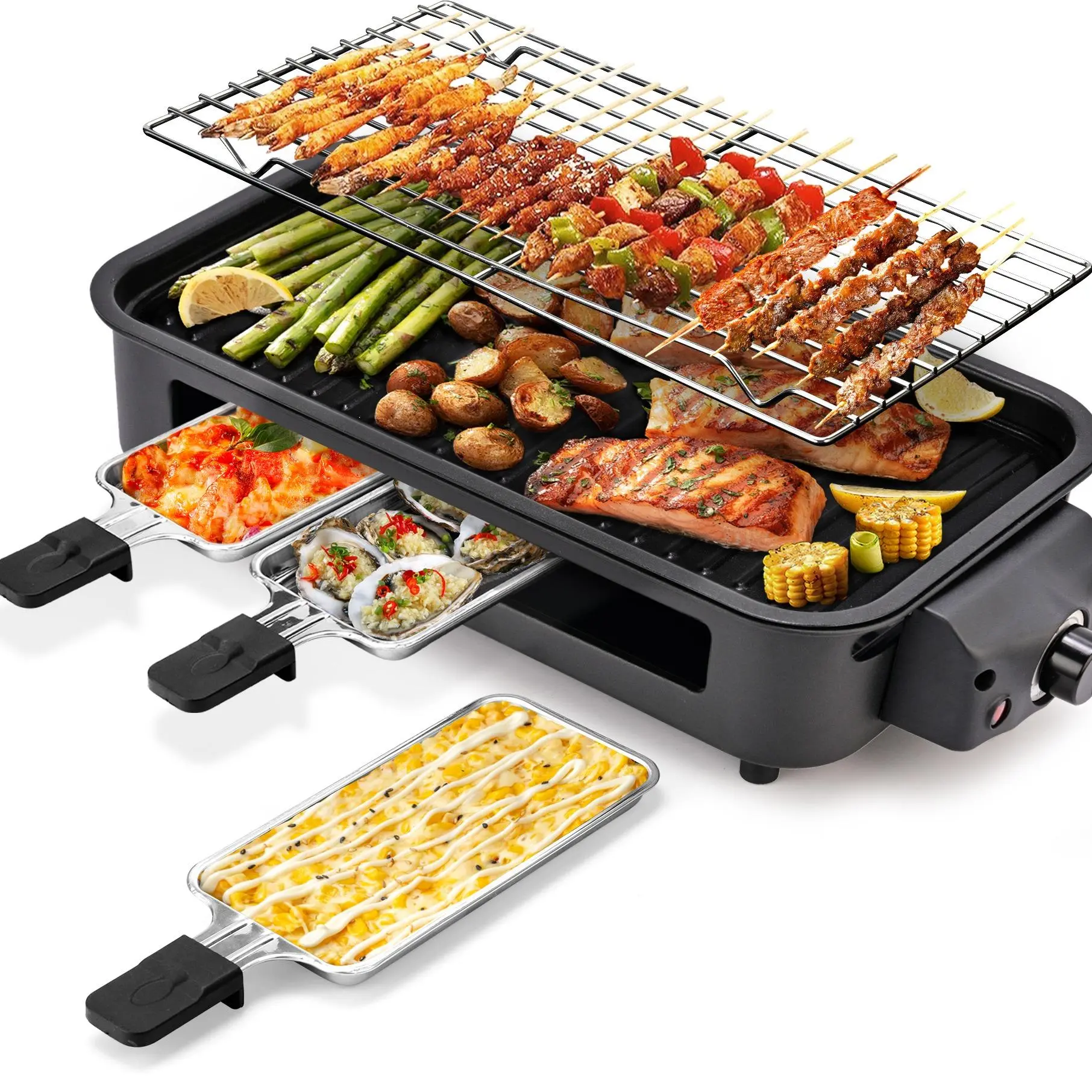Pukomc 1500W Power Stainless Steel Portable Barbecue Grill - Nonstick Tabletop Griddle, Adjustable Temp, Compact Dishwasher-Safe Indoor Smokeless Appliance with Split Grill Plate for Couples' Healthy Meals, Stainless Steel Grill, Nonstick Coating Griddle