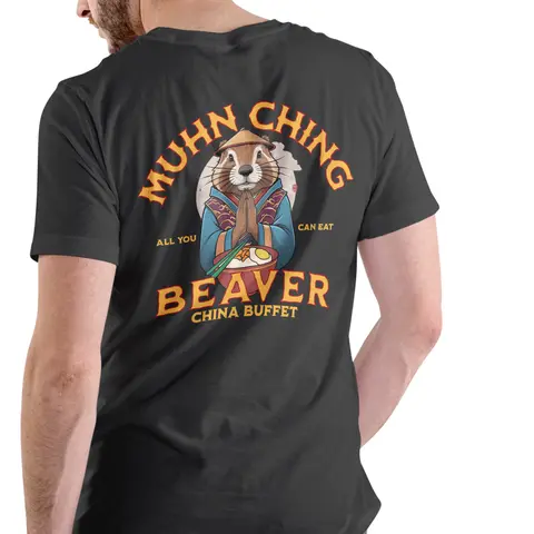 MUHN CHING BEAVER CHINA BUFFET" Design - Streetwear Tops for Daily Wear, Unisex Cotton