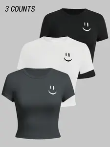 Women's Smile Face Print Round Neck Tee, Casual Short Sleeve T-shirt for Summer, Ladies Clothes for Daily Wear, Top