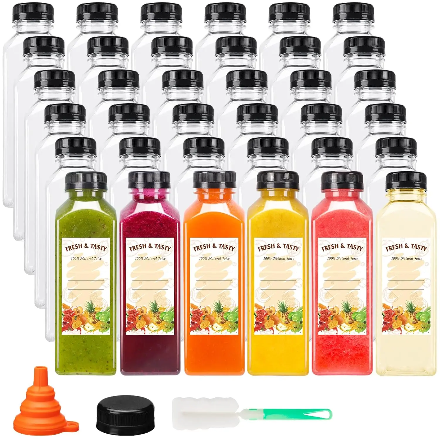 16oz Empty Plastic Juice Bottles with Caps, Reusable Clear Bulk Beverage Containers for Juice, Milk, Smoothie, and Other Beverages