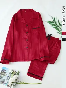 Two-piece Set Women's Striped Print Bow Decor Satin Pajama Set, Long Sleeve Collared Button Front Top & Pants Pajama Set, Casual Comfy Sleepwear Set for Women