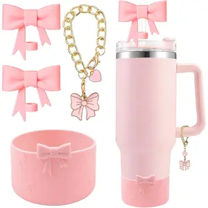 Cup Accessories Set for Stanley,Including 2Pcs Cute Bow Straw Cover Caps 10mm Reusable Straw Toppers,1Pcs Silicone Boot Sleeve and 1Pcs Handle Charm for Stanley Tumbler 30&40oz,Pink