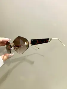 Punk Trendy Tinted Lens Glasses Diamond Shaped, Frameless Fashionable Classics Decorative Glasses With Metal Frames Legs, Suitable for Men and Women