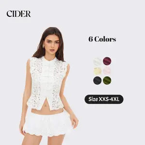 Cider Lace Mandarin Collar Guipure Split Tank Top, Women's Sleeveless Lace Design Vest for Summer Outlook, Urban Chic Summer Fashion SummerWins Womenswear Dealsforyou