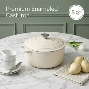 5 QT Premium Enameled Cast Iron Dutch Oven - Anti-Adhesive Non-Stick Enamel Pot with Lid, Heavy-Duty Heat Resistance Iron Cookware for Braising, Roasting, Oven Safe Up to 500°F, Induction & All Stovetop Compatible, Cream White, Anti-Adhesive Non-Stick Pot
