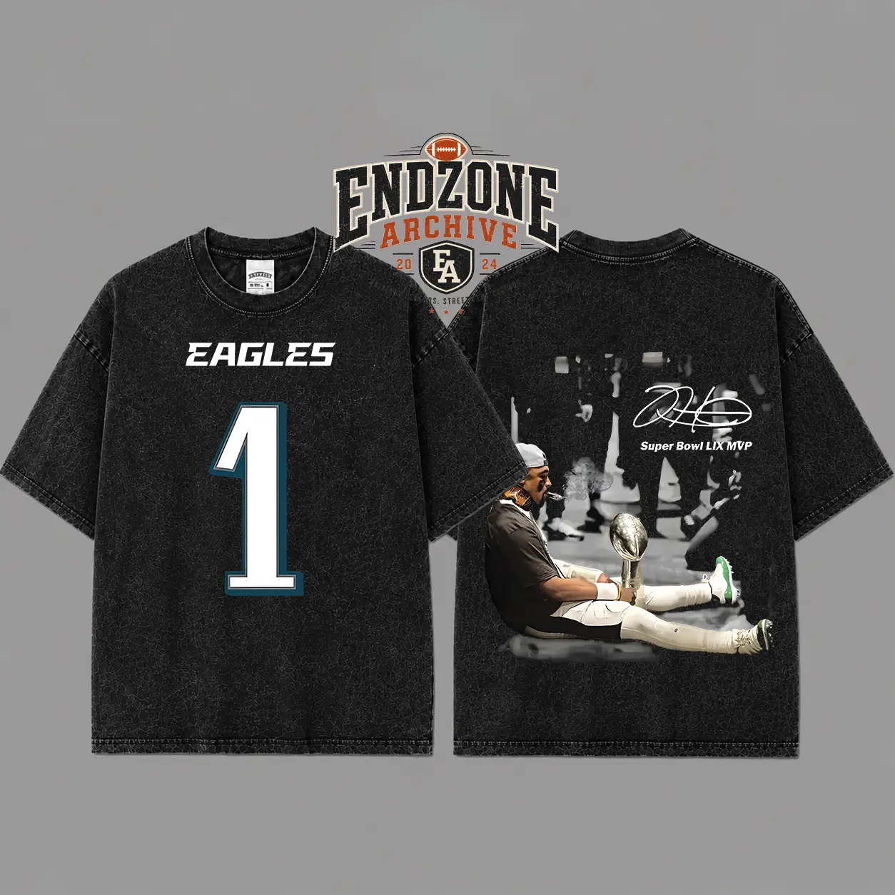 [Hokies Store] Jalen Hurts #1 MVP For Eagles Nation Heavyweight Acid Washed Cotton Hoodie T-Shirt, Eagles Gang Shirt, Philly Graphic Football Shirt, Game Day Outfits