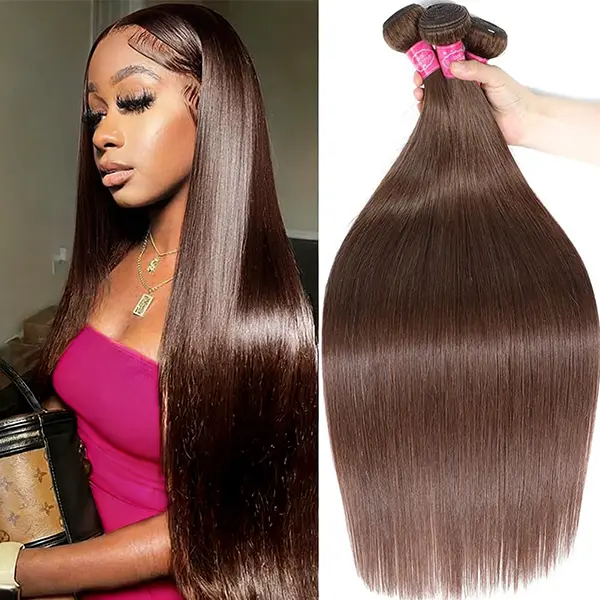 BINF Brown Bundles Human Hair Straight 1/3/4 Bundles 100% Unprocessed Brazilian Virgin Hair Extensions 4# Color Quick Weave Straight Remy Hair Silky Soft Full Density