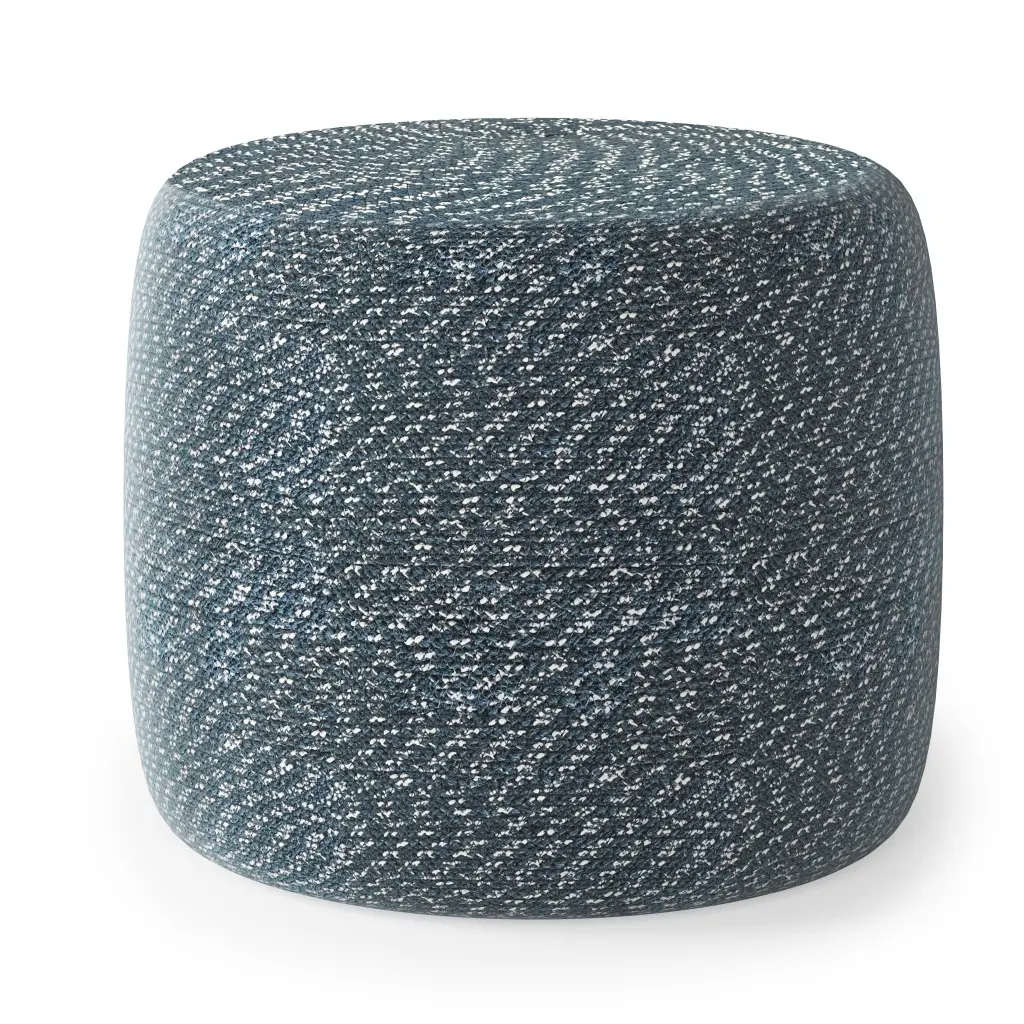 Small Upholstered Cotton Round Pouf Ottoman Stool - 360-Degree Rotating Stand, 14x20x20 in, Blue Transitional Indoor Furniture, Multi-Use Stool & Bench