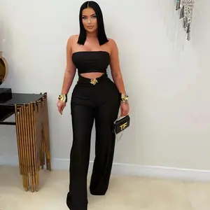 Women's Aesthetic Elegant Solid Color Polyester Sleeveless Backless High-Waist Wide-Leg See-Through Jumpsuit - Sexy Casual Street Style Fabric Pants