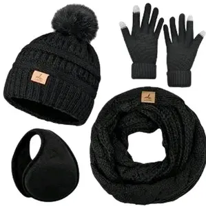 Warm Knit Winter Accessories Set - Beanie, Gloves, Scarf & Hat in Black