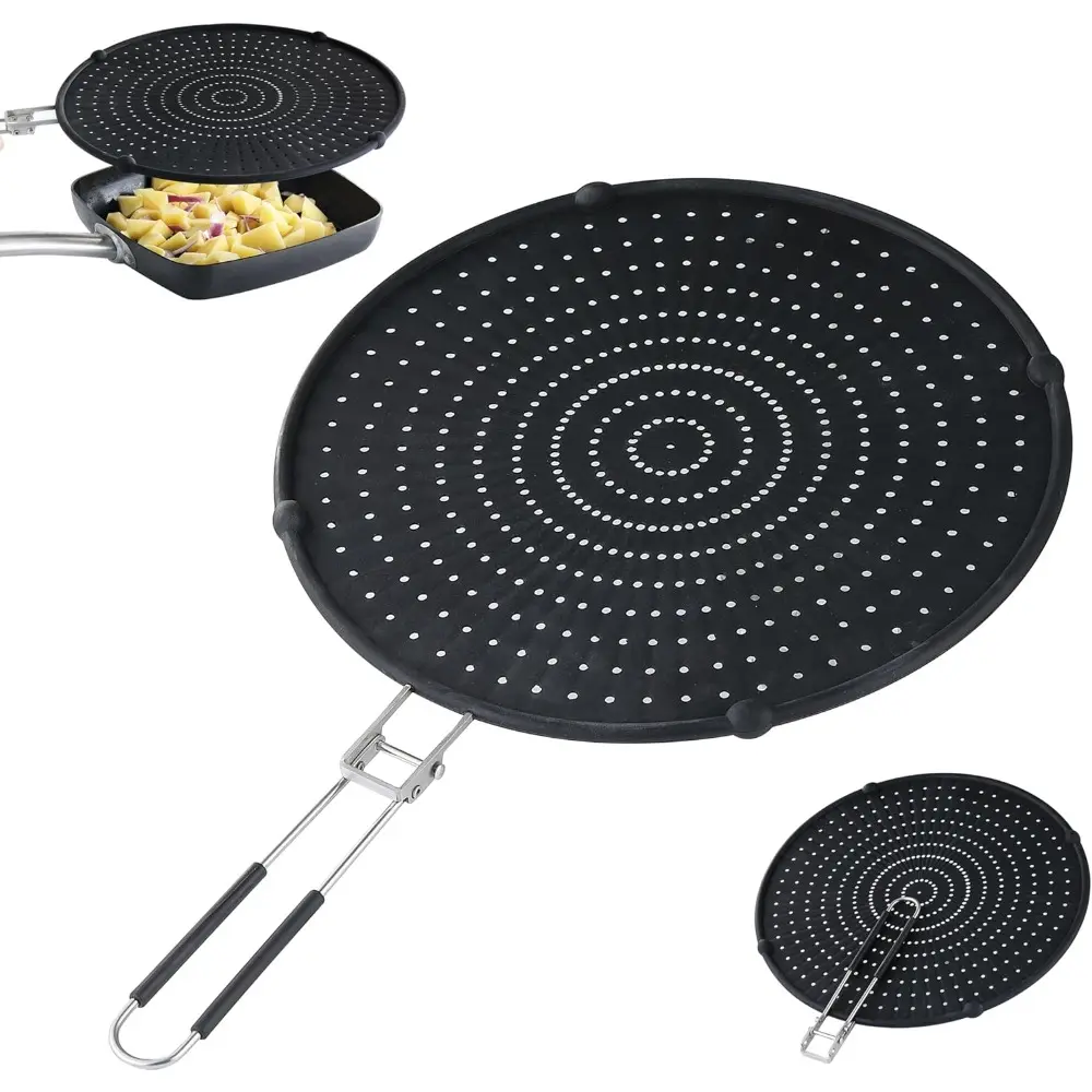 13-Inch Silicone Grease Splatter Guard for Frying Pans - Kitchen Cookware Accessory with Latest Folding Handle, Prevents Oil Splashes When Cooking Chicken or Popcorn