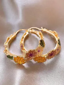 Women's Luxury Elegant Circle Daisy Flower Art Earrings, 2pcs New Design Earring Hoops, Perfect Gift for Her