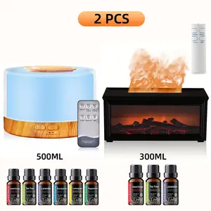 2 pieces Diffuser & Humidifier Set, 300ml Fireplace & 550ml Wood Grain, Remote, 9 Oils, 7 Lights, Quiet, Gift