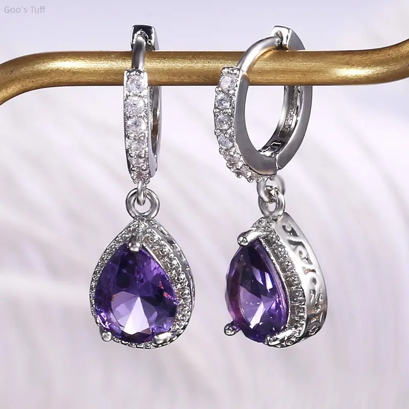 Women's Purple Gemstone Earrings - Female Retro Viral Trend Costume Jewelry with Secure Prongs Setting, Creative Elegant Design for Daily Wear & Banquet Gift
