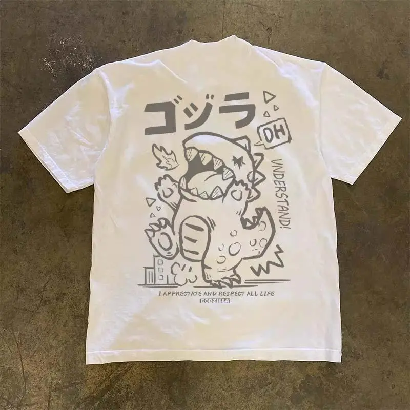 Korean Style Cute Dinosaur Graffiti Graphic Oversized T-Shirt | Vintage Streetwear Unisex Tee | 100% Cotton Short Sleeve Top for Men & Women | Trendy Casual Fashion Shirt | SKU qmxtrplazv