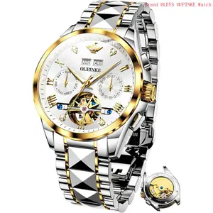 Brand OUPINKE Mens Automatic Watch Diamond Skeleton Mechanical Self Winding Luxury Dress Wrist Watch Sapphire Crystal Tungsten