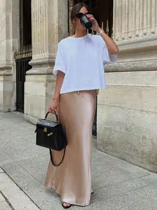 Women's Spring Summer Plain Skirt, Elegant Fashion Casual Silk Fabric Lightweight Skirts, High Waist Midi Skirt, High Waisted Skirt for Daily Outdoor Wear