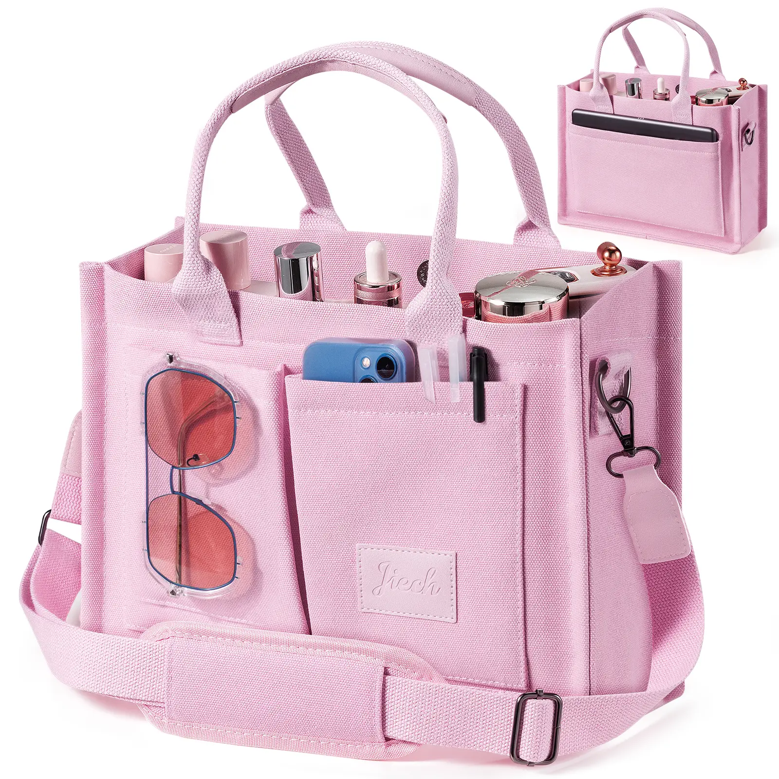 Canvas Tote Bag with Pockets Work Handbag for Women Fashionable Crossbody Bag Everything Shoulder Bag Everyday Satchel Bag Trendy Commuter Bag