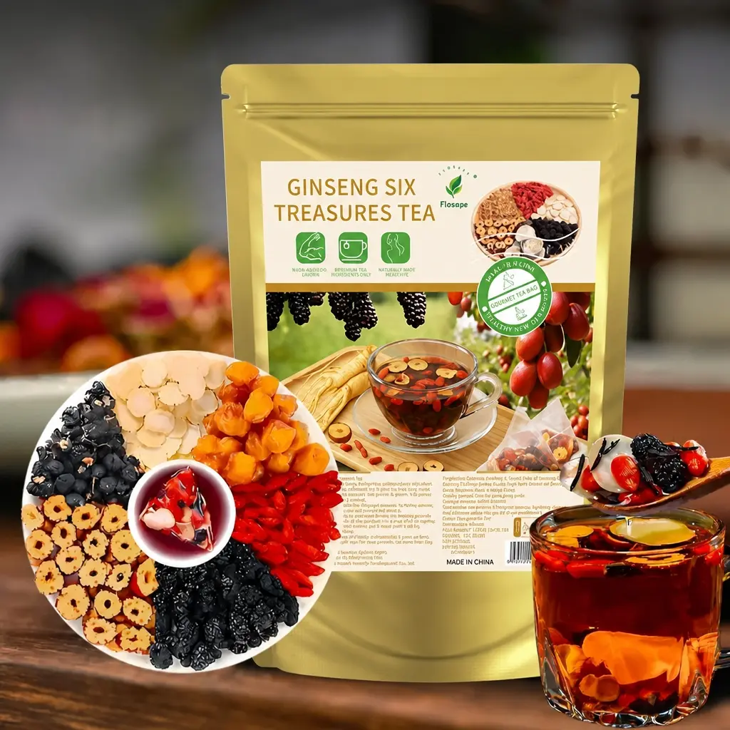 【Flosage】Organic Ginseng Six Treasures Tea&Liver and Kidney Support Herbal Tea -  Hand-picked Herb Tea  with 6 Organic Herbs & Edible Corn Fiber,  Traditional Herbal Kidney Detox Tea for Men & Women, Natural 6 Precious Ingredients Formula,