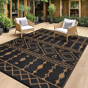 GARVEE Outdoor Rug, 9x12 FT Reversible Plastic Straw Patio Camping Rugs, Waterproof Large Floor Mat and Rug for Outdoors, Outside Carpet for Rv, Deck, Camper, Picnic, Black & Brown
