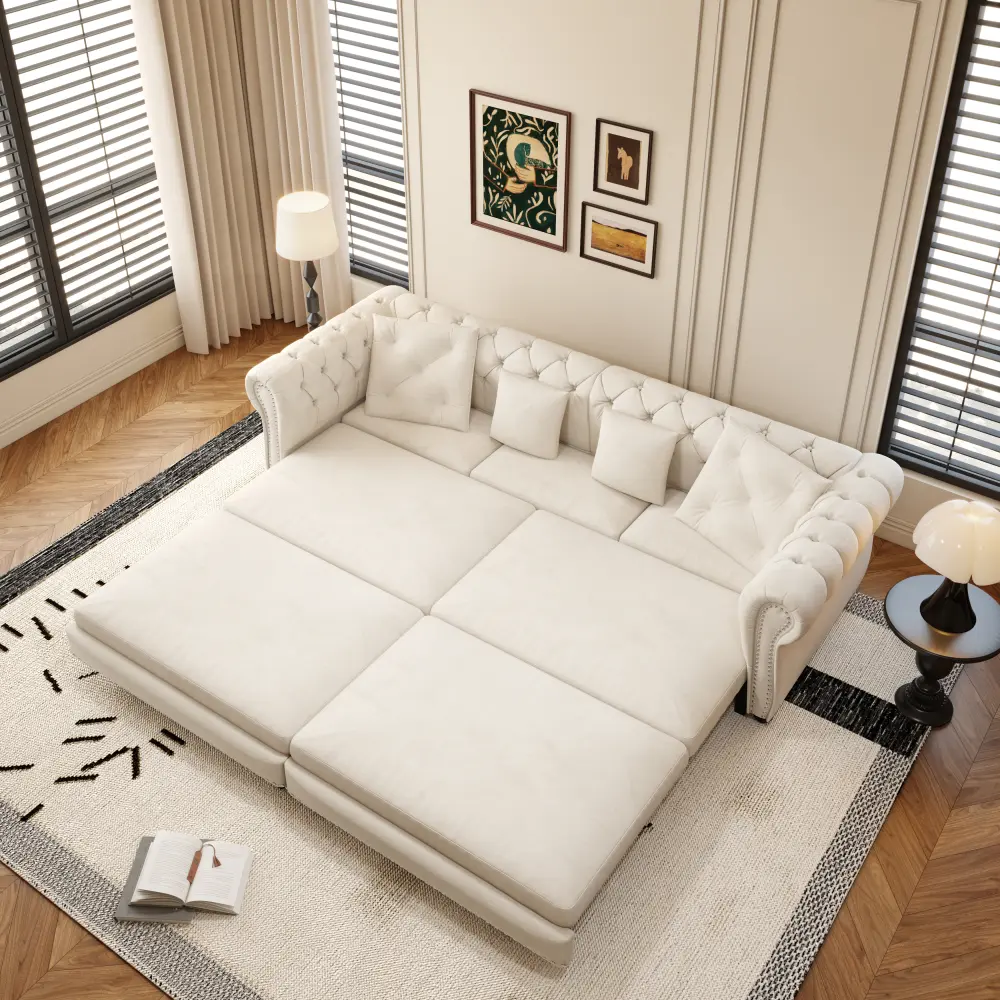 Chesterfield Velvet 3-Seater Convertible Sleeper Couch, 89-in W 3-in-1 Pull-Out King-Size Sofa Bed with Chaise Lounge, Tufted Sofa with Movable Ottoman, Three-Seater