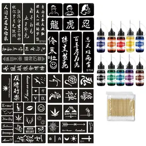 4 Large Henna Tattoo Templates + 10 Body Art Paste Bottles, Easy-To-Use Temporary Tattoo Kit for Parties and Festivals