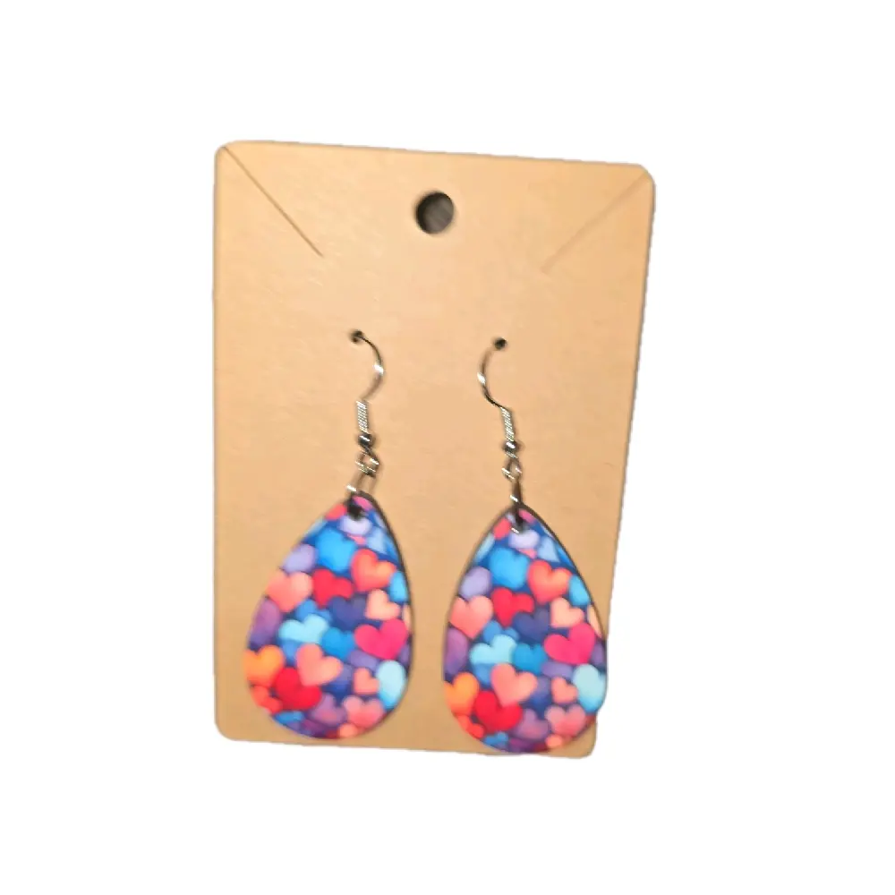 3D Heart Teardrop Earrings Handmade with Sublimation on Wood, 1 x 1.6 Inches and 3mm Wide, Hypoallergenic, Rubber Backing Included