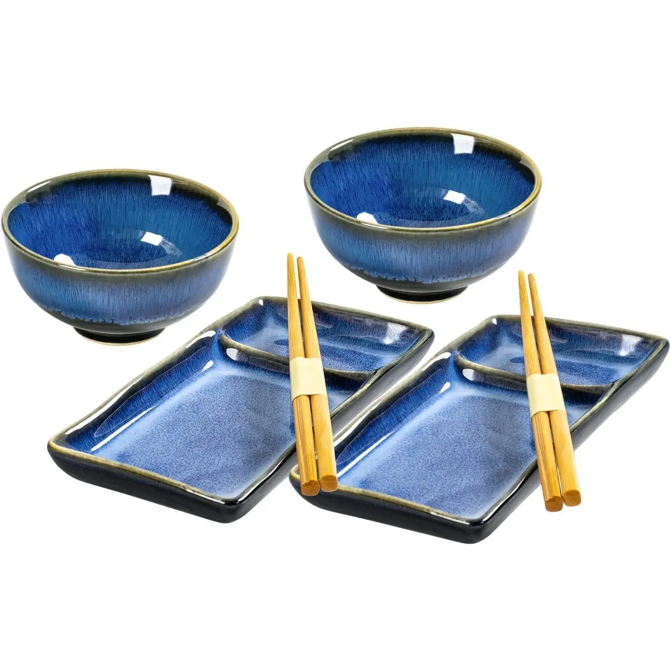 Ceramic Japanese Appetizer Sushi Plates and Bowls Set for 2 | 7" Rectangle Sushi Serving Dish, 10 oz Soup/Rice Bowl & Chopsticks (Reactive Blue)
