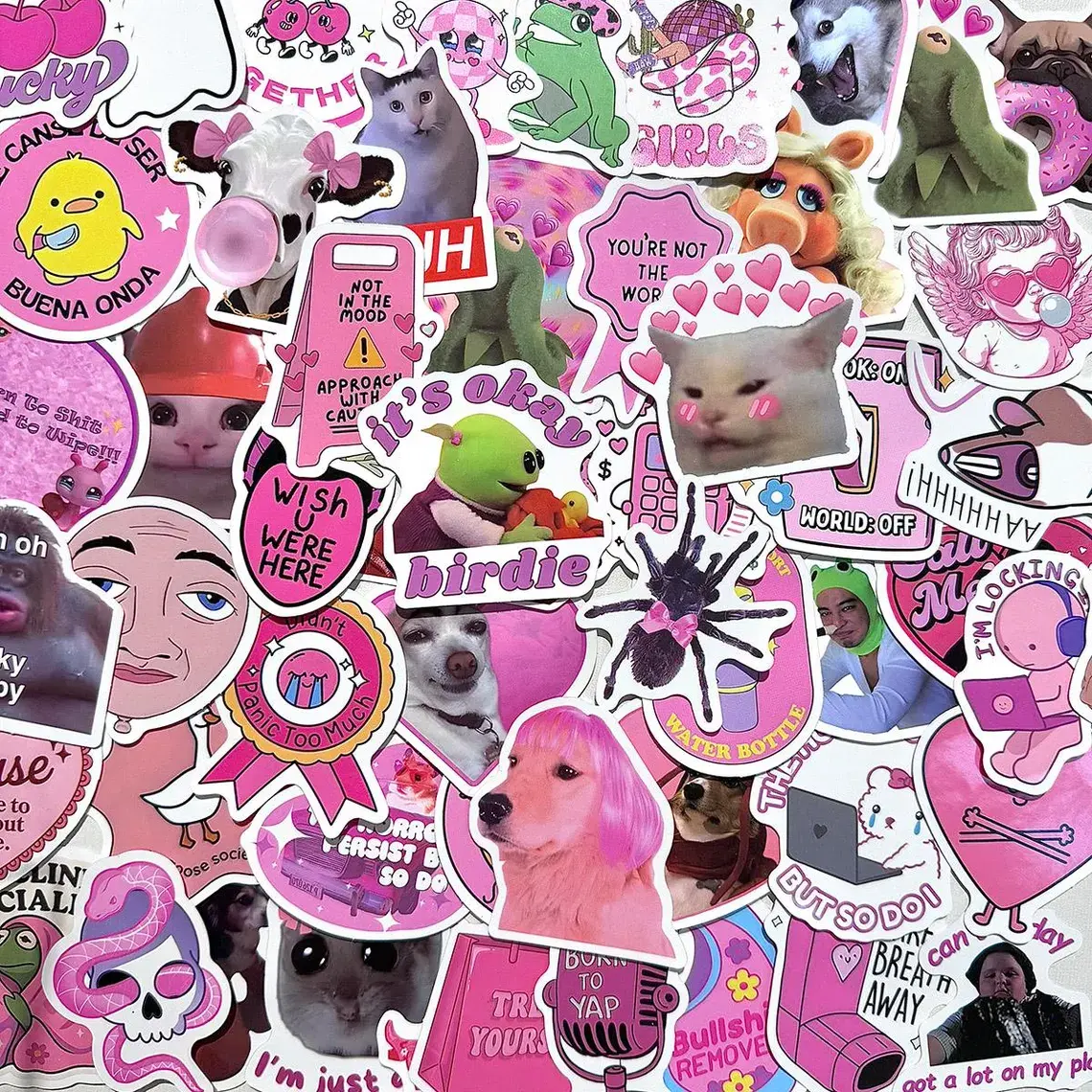 50-Piece Pink Vinyl Meme Sticker Pack, Funny Animal Reaction Stickers, Coquette Internet Humor Set for Scrapbooking & DIY Projects
