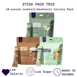 SAYSO Stick Pack Trio - 10-second Cocktail & Mocktail Mixes Variety Pack. Less than $2 per drink. Low Calorie Low Sugar Ready in 10 Seconds