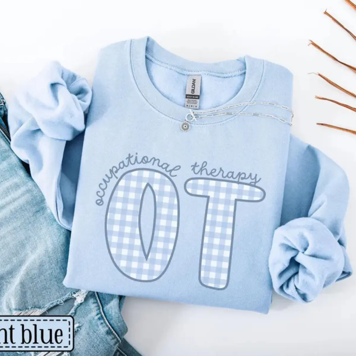 Occupational Therapy Sweatshirt • OT Work Crewneck • Gingham COTA Sweater • Occupational Therapist Gift • School Peds OT Assistant Sweaters