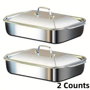 2 Counts Stainless Steel Square Barbecue Fish Tray with Lid, Durable Non-Stick Baking Tray for Grilling, Seafood, Buffet, Outdoor Gatherings
