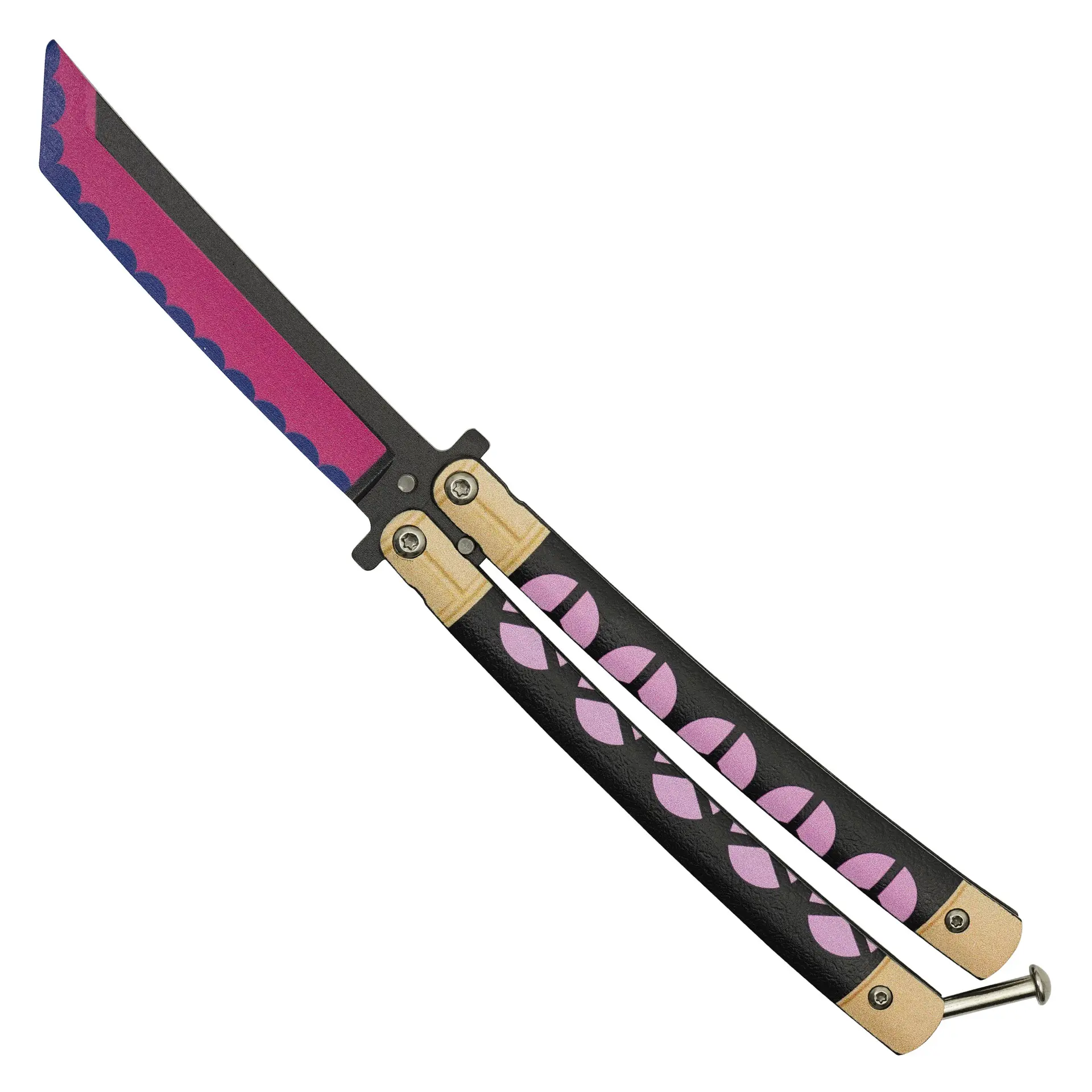 Safe Butterfly Trainer – Pink Blade Artwork – Black Handle – Anime Inspired – Balisong Practice Trainer – Martial Arts Training – Flipping Skill Trainer – Collector Gift