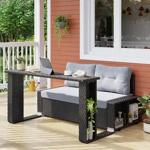Vlsrka Patio Wicker Sofa with Foldable Long Table, Outdoor Rattan Couch Furniture Steel Frame with Deep Seat High Back Grey