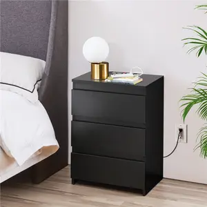 【With Power Outlet】Yaheetech Bedside Table, Modern Nightstand, 3-Drawer Bedside Cupboard Storage Cabinet with 2 USB Ports & Power Outlets for Bedroom/Small Space/Home Office, Black