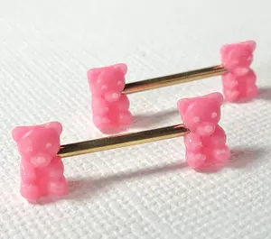 PAIR Pink Gummy Bear Nipple Rings Shields Body Jewelry Surgical Steel Barbells