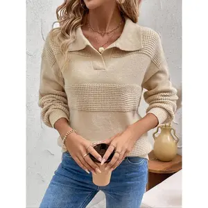 Women's Textured Drop Shoulder Sweater, Casual Long Sleeve Collared Jumper for Fall & Winter, Fashion Ladies' Knitwear for Daily Wear