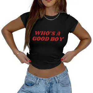 Funny Y2k Crop Tops for Women Who's A Good Boy Print Baby Tee Grunge Cropped Short Sleeve Shirts Casual Slim Fit Top