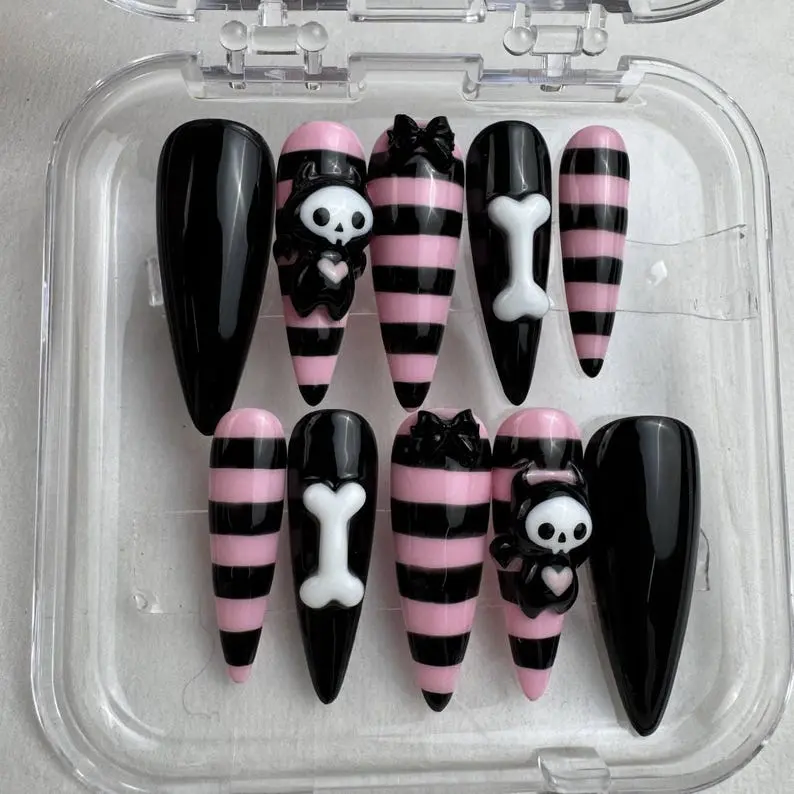 Goth Kawaii 3D Press On Nails: Pink Black Stripes and Skeleton Charms