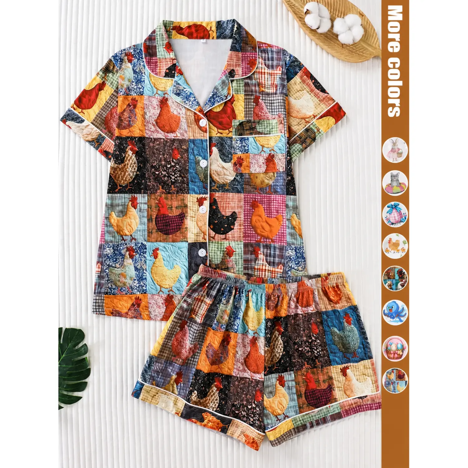 Women's Two-Piece Rooster-Print Pajama Set: Soft, Breathable Lounge Short Sleeve Top and Shorts for All Seasons