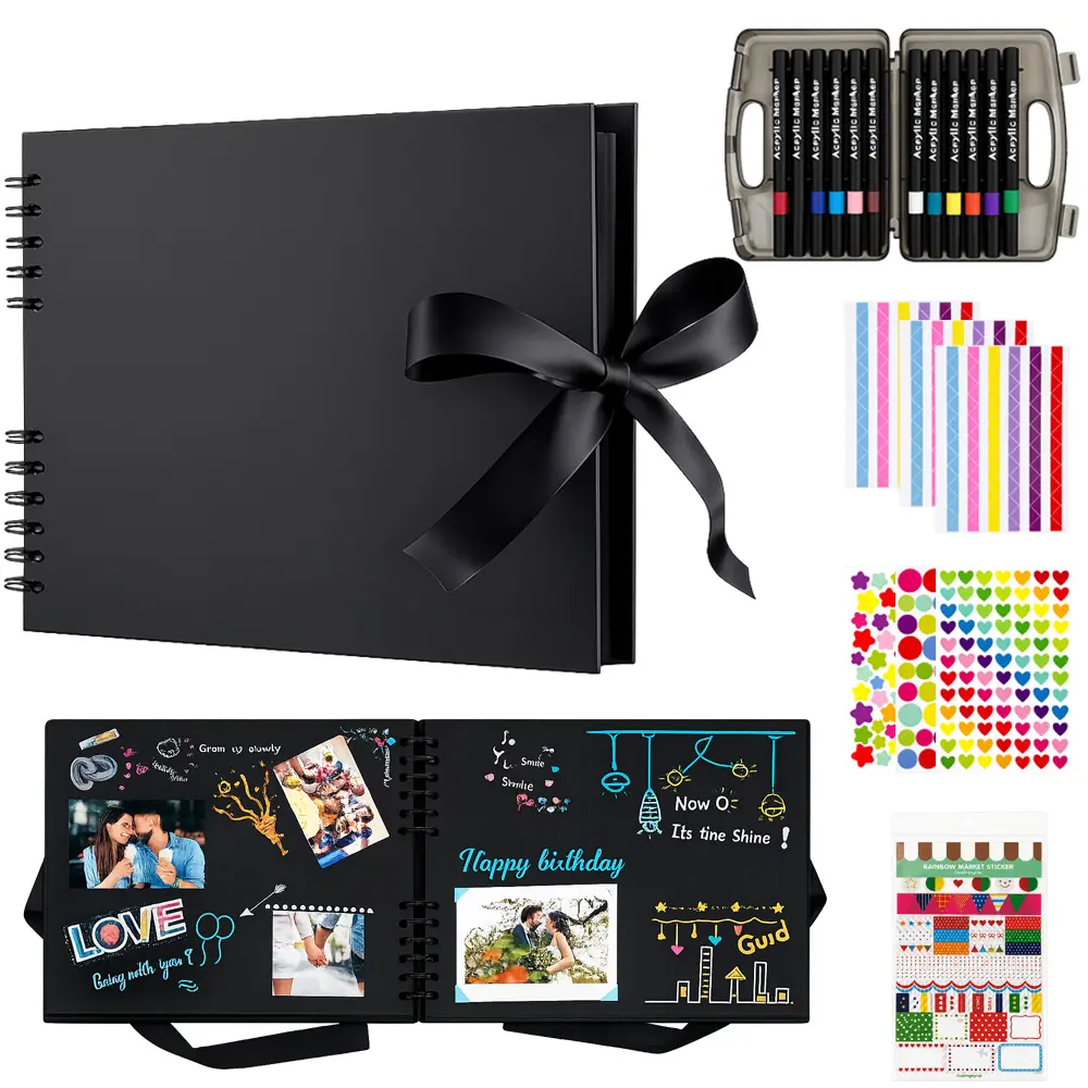 Aesthetic Sticker Scrapbooking Set - 11.8x8.27in, 80 Pages (40 Sheets) Multi-Color Kraft, 11 Colorful Corner Stickers, 12 Markers, High Capacity, Customization & Personalizing Pages, DIY Memory Book, Wedding Guest Book, Valentine's Day Craft Gift