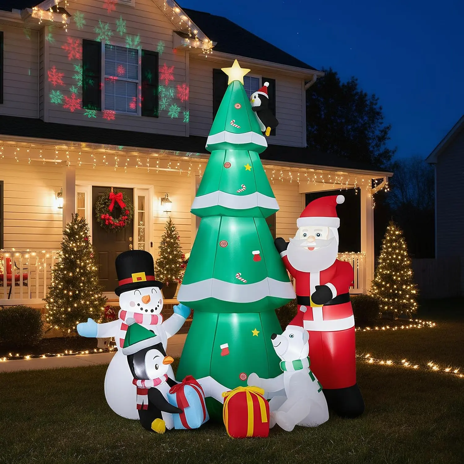 7.5ft Christmas Inflatables,Snowman Penguin Polar Bear Santa Claus Christmas Tree Set Inflatable Yard Decoration LED Lights Built in Blower Stakes & Tethers Outdoor Porch Lawn Yard