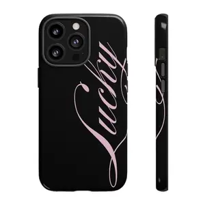 LUCKY - PINK Text on Black tough Phone Case For IPhone 7 to IPhone 17.