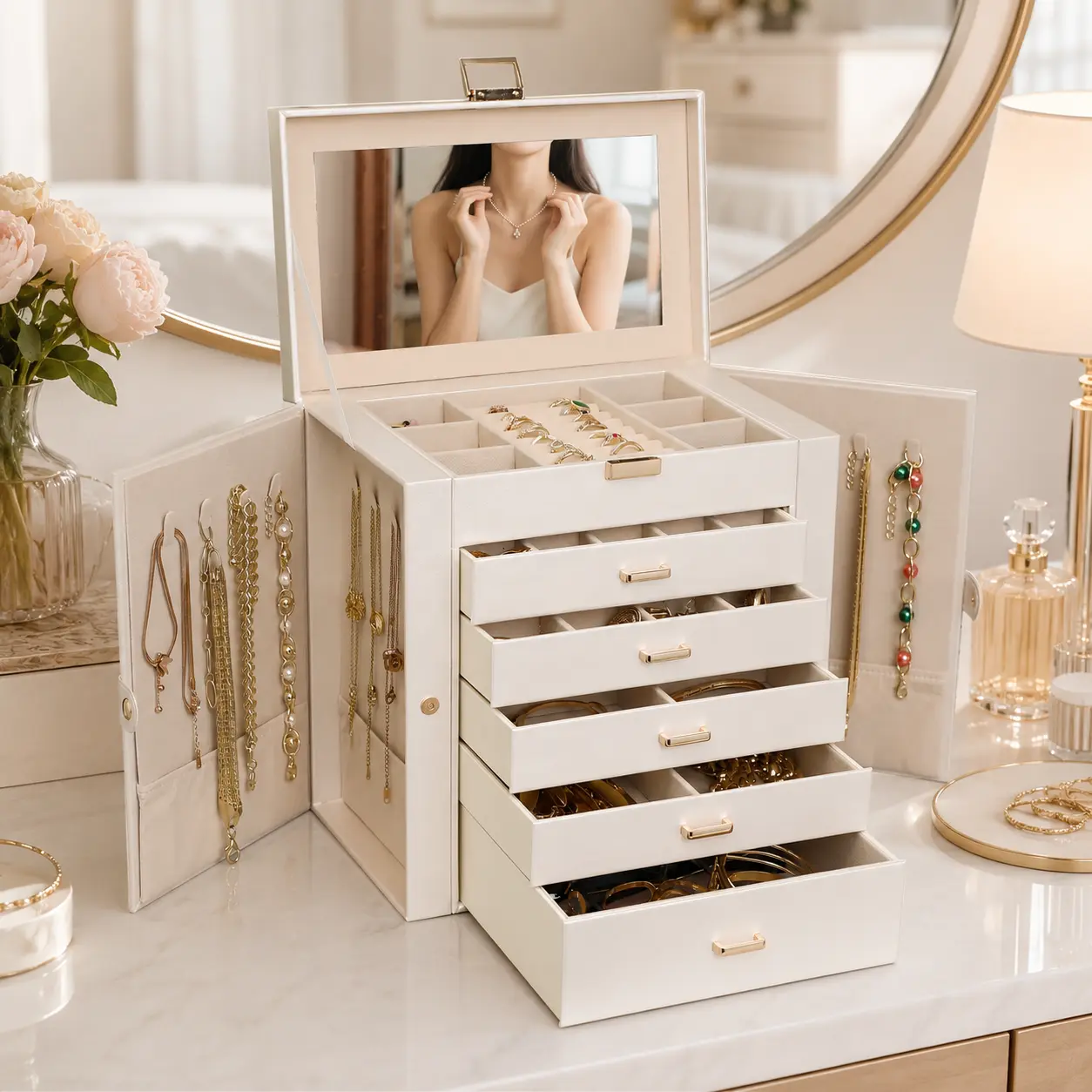 BOOVO Pearl White Modern 6-Layer Jewelry Organizer Box for Women - Large Jewelry Storage Box with Glass Lid & Mirror, PU Leather Jewelry Holder, Anti-Tarnish Velvet Lining for Necklaces, Rings & Earrings, Elegant Gift for Her