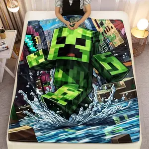 1pc Cute Pixel Art Green Blocks Blanket - Soft Flannel Bedspread with Green & Neutral Digital Print, Lightweight for all-Season Cozy Bedding for Bed, Sofa, Travel & Camping - Modern Bedcover for s &, 2D Flat  Warm Haven Textiles