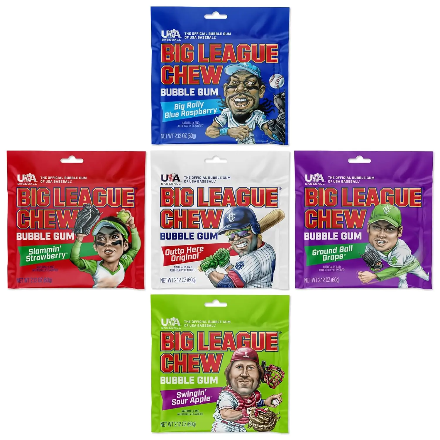 Big League Chew Bulk Baseball Gum Variety Pack of 5 Baseball Candy Flavors in 2.12oz Packets - Big League Chew Blue Raspberry, Grape, Strawberry, Green Apple & Original - Softball Candy