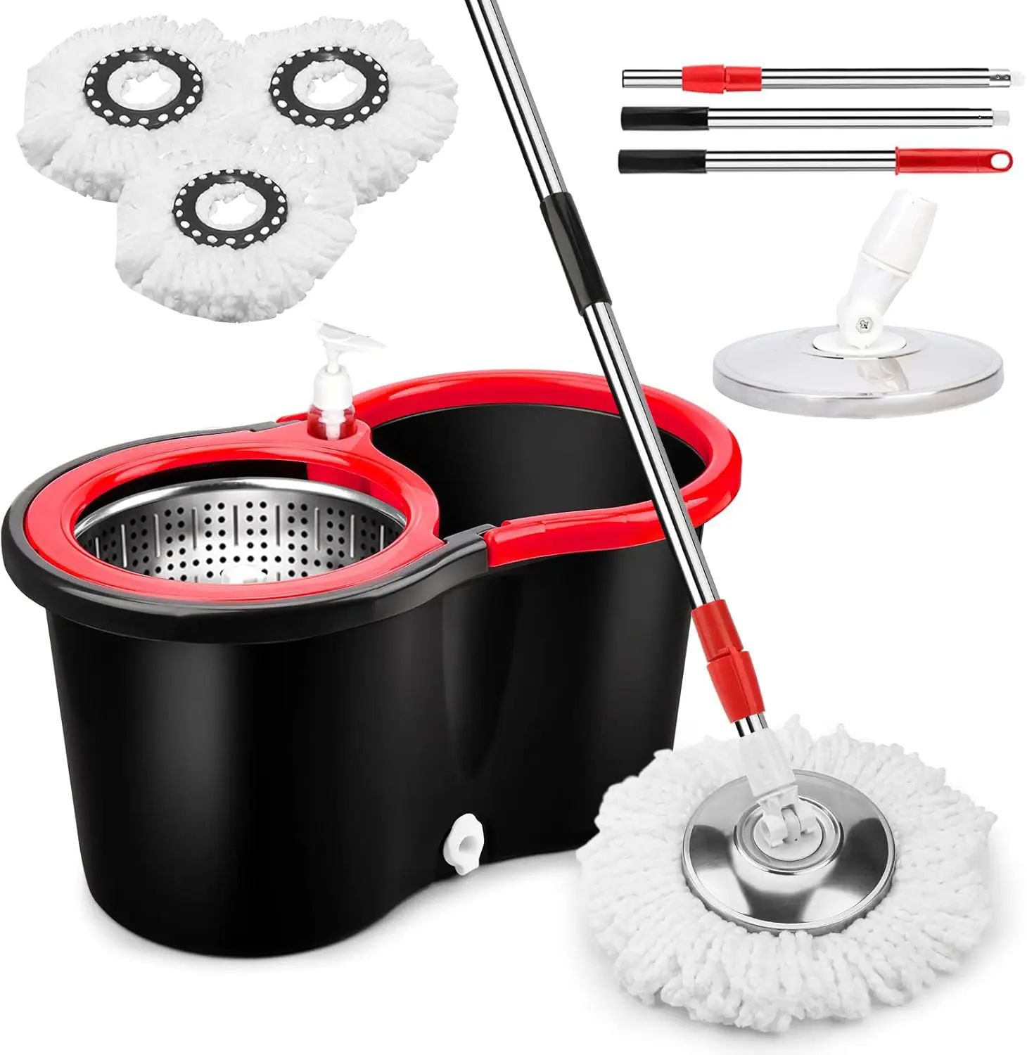 SummerVibes Sturdy 360° Rotatable Mop & Bucket Set - Hardwood Floor Cleaning Tool, 61in Adjustable Handle, Soap Dispenser, Drain Hose, 3 Microfiber Mop Heads, Quick Dehydration, Lightweight No-Pedal Kitchen Home Care Mother's Day Gift