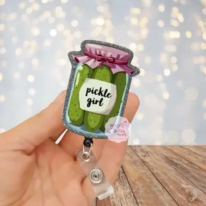 Pickle Girl Badge Reel ID Holder with Glitter Jar Design and Pink Bow Accent