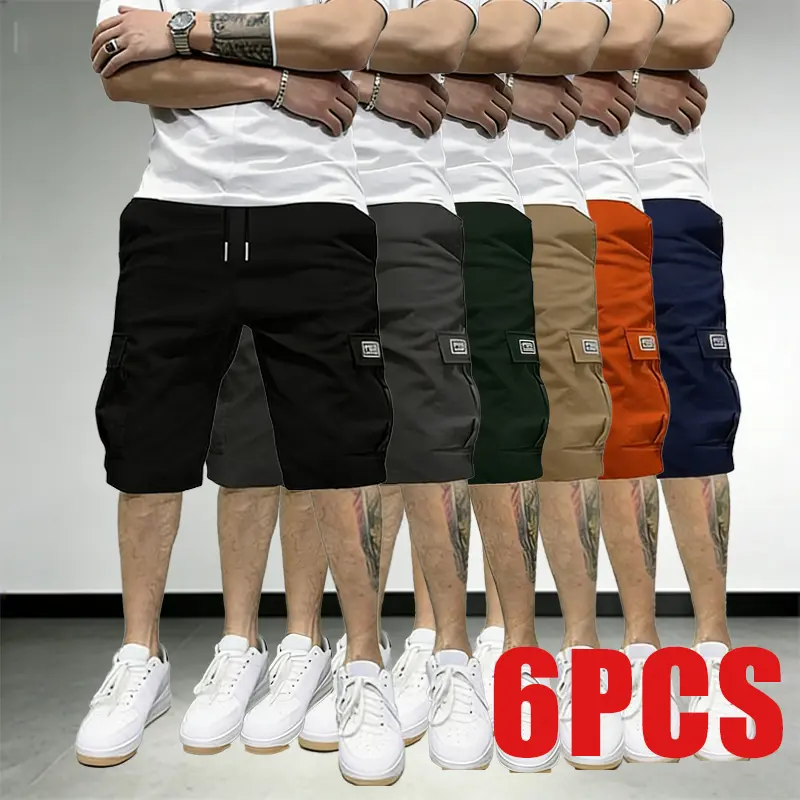 Men's 7-Pack Cargo Shorts, Casual Summer Streetwear with Multiple Pockets, Breathable Tear-Resistant Fabric for Outdoor Leisure, Men's Cargo Shorts, 2 Khaki + 2 Orange + 2 Gray