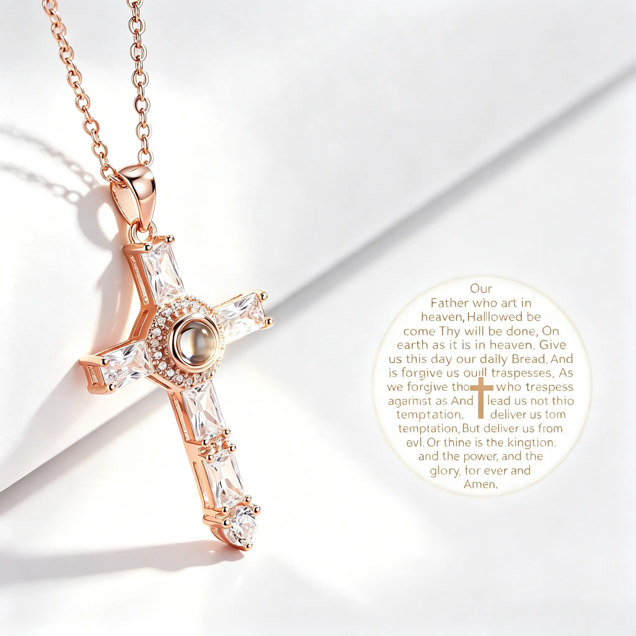 Women's Nano Projection Lord's Prayer Cross Necklace - Hidden Bible Verse Pendant, Shiny CZ Stones, Rose Gold-Silver Long Length Chain Jewelry Faith Gift, Long Length Necklaces, Chain Jewelry Necklaces